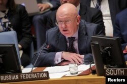Vassily Nebenzia, Russian Ambassador to the United Nations, addresses the Security Council at U.N. headquarters in New York, April 10, 2019.