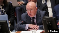 Vassily Nebenzia, Russian Ambassador to the United Nations, addresses the United Nations Security Council at U.N. headquarters in New York, April 10, 2019.