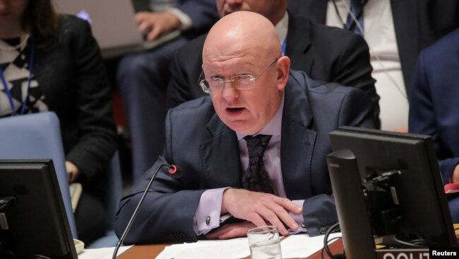 FILE - Vassily Nebenzia, Russian ambassador to the United Nations, addresses the Security Council at U.N. headquarters in New York, April 10, 2019.