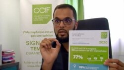 Jawad Bachare, head of a French organization fighting Islamophobia, points to statistics collected by his group that show a sharp rise in anti-Islamic acts in France in recent years. (Lisa Bryant/VOA)