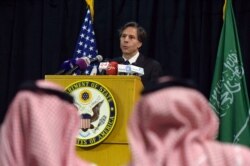 FILE - U.S. Deputy Secretary of State Antony Blinken speaks during a press conference in the Saudi capital Riyadh, April 7, 2015.