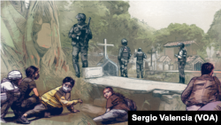 Ilustración realizada por la VOA con base en el testimonio de un dirigente opositor venezolano que debió refugiarse en un cementerio durante horas para evitar ser detenido por agentes de seguridad del gobierno de Nicolás Maduro.