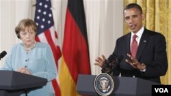 Presiden Obama saat menerima Kanselir Jerman Angela Merkel di Gedung Putih (foto: dok).