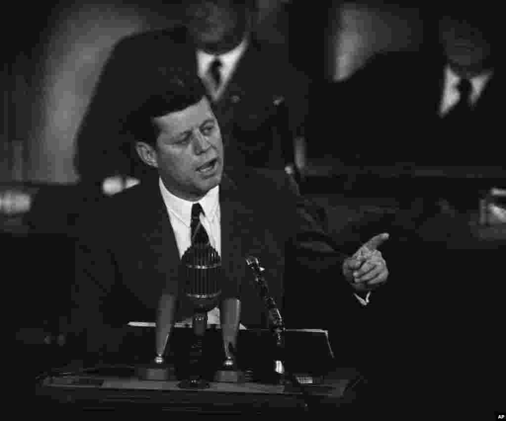 President John F. Kennedy is shown during his address before a joint session of Congress in Washington, May 25, 1961. The president urged congressional approval of additional funds to bolster space, foreign aid and defense programs. (AP Photo)