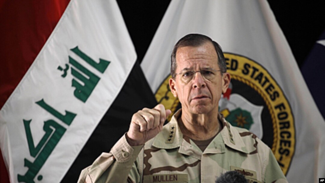 Chairman of the Joint Chiefs of Staff Adm. Mike Mullen speaks to reporters at a news conference in Baghdad, Iraq, Tuesday, Aug. 2, 2011