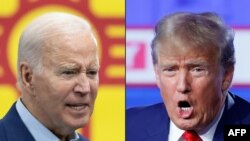 (FILES) (COMBO) This combination of pictures created on March 06, 2024 shows
US President Joe Biden in Albuquerque, New Mexico, on August 9, 2023 and
former US President and 2024 Republican presidential hopeful Donald Trump in Des Moines, Iowa, on January