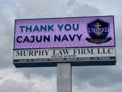 A sign in Baton Rouge thanks the United Cajun Navy for their recent and continued volunteer efforts. (Courtesy: United Cajun Navy)