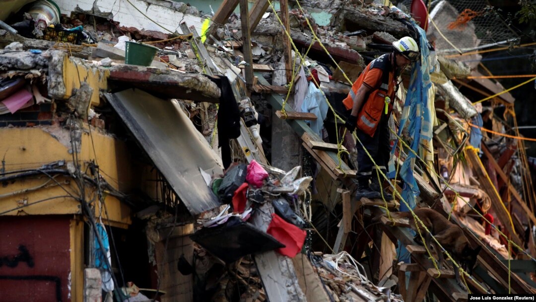 Seorang anggota tim penyelamat Argentina berjalan menuruni tangga dengan anjing pelacaknya, di lokasi perumahan multi-keluarga yang runtuh, setelah gempa bumi, di Mexico City, Meksiko 24 September 2017. (Foto: REUTERS/Jose Luis Gonzalez)