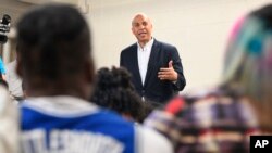 Democratic presidential candidate Sen. Cory Booker speaks during a campaign stop on at Allen University in Columbia, South Carolina, April 26, 2019. 