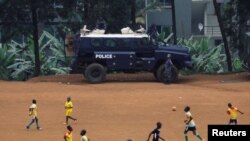 An Ugandan police APC (Armoured Personnel Carrier) is parked on a soccer field in Kampala, Uganda, Jan. 18, 2021. 