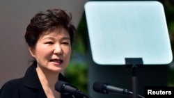 FILE - South Korean President Park Geun-hye delivers a speech.