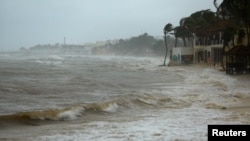 Waves crash as Tropical Storm Beryl strikes in Playa del Carmen, Mexico, on July 5, 2024.