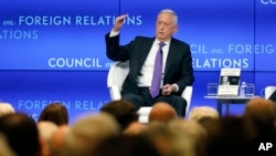 FILE - Former U.S. Secretary of Defense Jim Mattis speaks at the Council on Foreign Relations, in New York, Sept. 3, 2019.