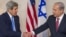 US Secretary of State John Kerry (L) and Israeli Prime Minister Benjamin Netanyahu shake hands as they deliver remarks to the media at the David Citadel Hotel in Jerusalem, Apr. 9, 2013.