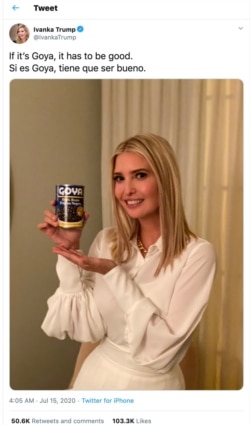 A twitter post shows a photo of Senior Advisor Ivanka Trump holding a can of black beans by Goya Foods, with the company's slogan in English and Spanish written above, on July 15, 2020 in this screen grab obtained from social media.