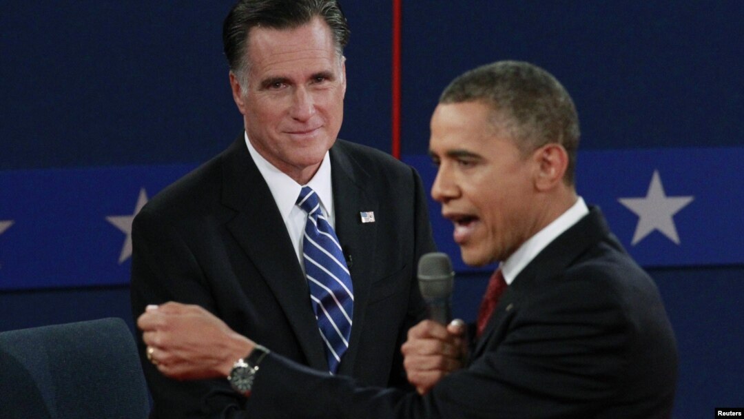 Republikanski predsednički kandidat Mit Romni i predsednik Barak Obama tokm debate na Univerzitetu Hofstra u Njujorku