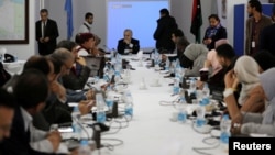 FILE - U.N. envoy to Libya Ghassan Salame meets with southern Libyan groups in Tripoli, Libya, Feb. 7, 2018.
