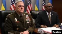 U.S. Defense Secretary Austin attends a virtual meeting with Ukraine Defense Contact Group, in Washington