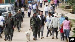 Rebeldes de las Fuerzas Armadas Revolucionarias de Colombia (FARC) en la población de San Isidro, en el sur del país, tras la liberación del periodista francés, Roméo Langlois.