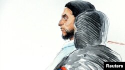 Sketsa gambar tersangka serangan Paris, Salah Abdeslam pada sidang di Brussels, hari Senin (5/12). 