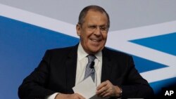 FILE - Russian Foreign Minister Sergey Lavrov speaks at the Mediterranean Dialogues conference in Rome, Dec. 6, 2019. 