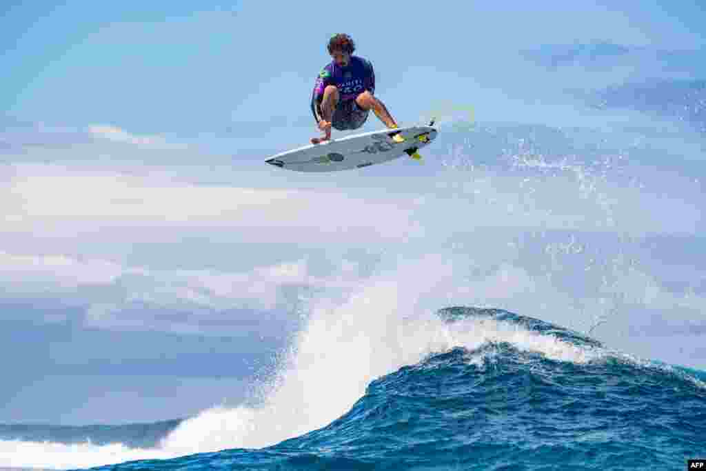 Brazilian surfer Yago Dora competes on the first day of the 2019 Tahiti Pro at Teahupoo, Tahiti, Aug. 24, 2019.