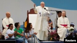 Pope Francis speaks during the opening ceremony for World Youth Day at the Coastal Beltway in Panama City, Panama, Jan. 24, 2019. 