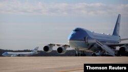 A pair of Boeing 747 Air Force One presidential aircraft are seen at Joint Base Andrews in Maryland