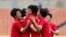 지난해 7월 한국에서 열린 동아시아 여자축구대회에 출전한 북한 선수들이 중국과의 경기에서 득점한 후 환호하고 있다. (자료사진)