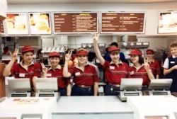 The crew at the Pushkin Square McDonald's in Moscow was ready to go on opening day, Jan. 31,1990. (McDonald's photo)