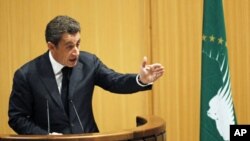 France's President Nicolas Sarkozy addresses the 16th African Union Summit in Ethiopia's capital Addis Ababa, January 30, 2011