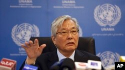 FILE - Tadamichi Yamamoto, United Nations Special Representative of the Secretary-General for Afghanistan, speaks during a press conference in Kabul, Afghanistan, May 15, 2018.