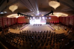 A general view shows talks between the Afghan government and Taliban insurgents in Doha, Qatar, Sept. 12, 2020.