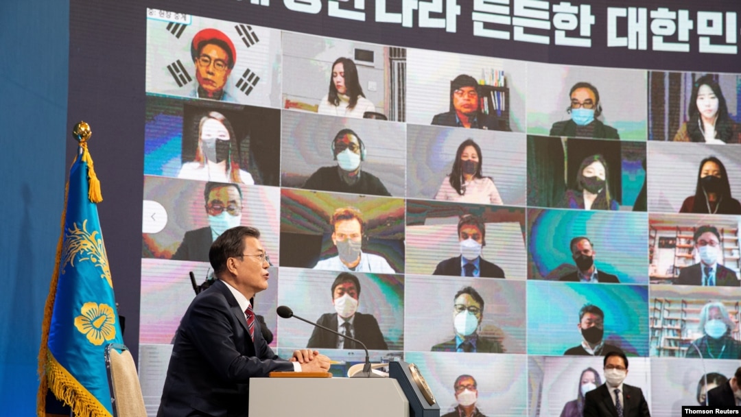 South Korean President Moon Jae-in holds an online New Year news conference in Seoul