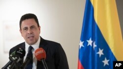 时任委内瑞拉副外长的蒙卡达在委内瑞拉驻纽约领事馆举行的记者会上讲话。（2017年4月28日）