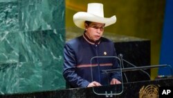 El presidente de Perú, Pedro Castillo, en su intervención ante la Asamblea General de la ONU en septiembre de 2021.