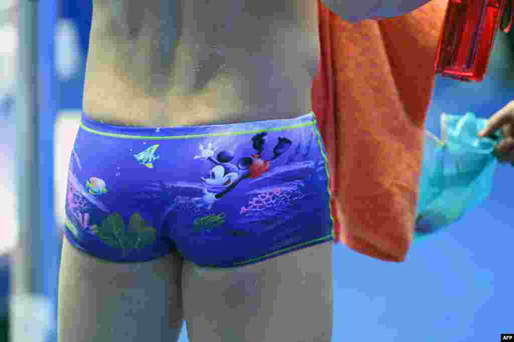 The swimming costume of China&#39;s Sun Yang, featuring famous US cartoon character Micky Mouse, is seen on July 25, 2019 during a training session at the 2019 World Championships at Nambu University Municipal Aquatics Center in Gwangju, South Korea.
