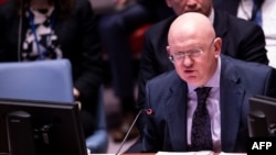 Russian Ambassador to the United Nations Vasily Nebenzya speaks during a Security Council meeting at the United Nations in New York on April 10, 2019 in New York City. 