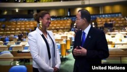 Secretary-General Ban Ki-moon speaks with Beyoncé Knowles, an American singer and songwriter, August 9, 2012, during rehearsals in the General Assembly Hall for the recording of the song, “I Was Here,” in front of a live audience.