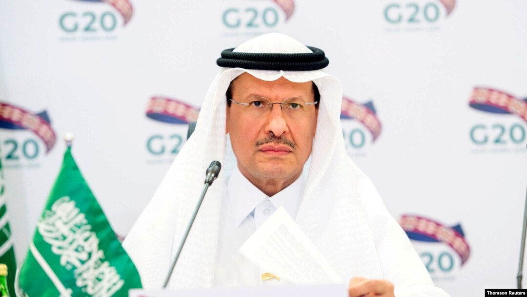 Saudi Arabia's Minister of Energy Prince Abdulaziz bin Salman Al-Saud speaks during a virtual emergency meeting in Riyadh.