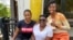 Producer of the movie "Ife" Pamela Adie poses with the two casts, Uzoamaka Aniunoh and Cindy Amadi in Lagos, Nigeria, Aug. 10, 2020. 