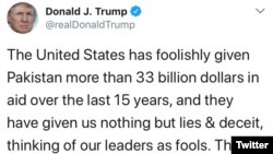 د نوي کال په وړمبي سحر خپل وړمبي ټویټ کې صدر ټرمپ وویل د اربونو ډالرو په بدل کې پاکستان امریکې سره د دروغو او درغلۍ نه کار اخیستی دی