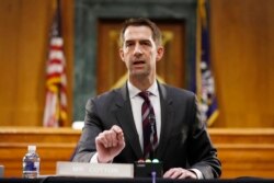 FILE - Sen. Tom Cotton, R-Ark., speaks during a Senate Intelligence Committee nomination hearing for Rep. John Ratcliffe, R-Texas, on Capitol Hill in Washington, May 5, 2020.