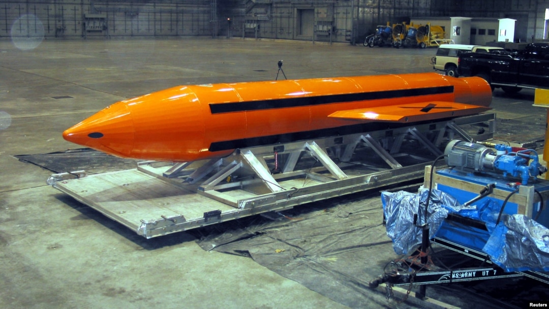 A Massive Ordnance Air Blast (MOAB) weapon is prepared for testing at the Eglin Air Force Armament Center on March 11, 2003.