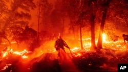 A firefighter battles the Creek Fire as it threatens homes in the Cascadel Woods neighborhood of Madera County, California.
