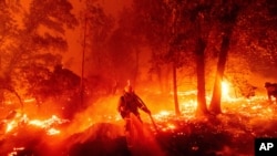 FILE - A firefighter battles the Creek Fire as it threatens homes in the Cascadel Woods neighborhood of Madera County, Calif., Sept. 7, 2020. 