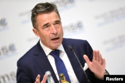 Anders Fogh Rasmussen, former Prime Minister of Denmark and former NATO secretary-general, speaks during the annual Munich Security Conference in Munich, Germany, Feb. 16, 2019.
