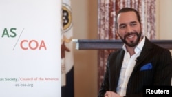 FILE - El Salvador President-elect Nayib Bukele takes questions during a keynote interview at the U.S. State Department in Washington, May 7, 2019. 