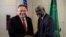 U.S. Secretary of State Mike Pompeo shakes hands with African Union Commission Chairperson Moussa Faki Mahamat at the African Union Headquarters in Addis Ababa, Ethiopia, Feb. 18, 2020. 