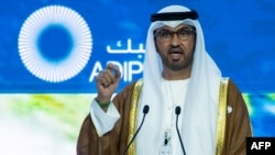 FILE - The president of the upcoming COP28 climate change Sultan Ahmed al-Jaber speaks during the Abu Dhabi International Petroleum Exhibition at ADNEC Exhibition Center October 2, 2023.